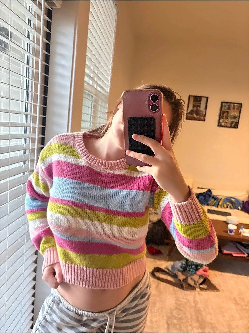 No Boundaries Striped Crewneck Sweater in Pink & Green Size XS Like New